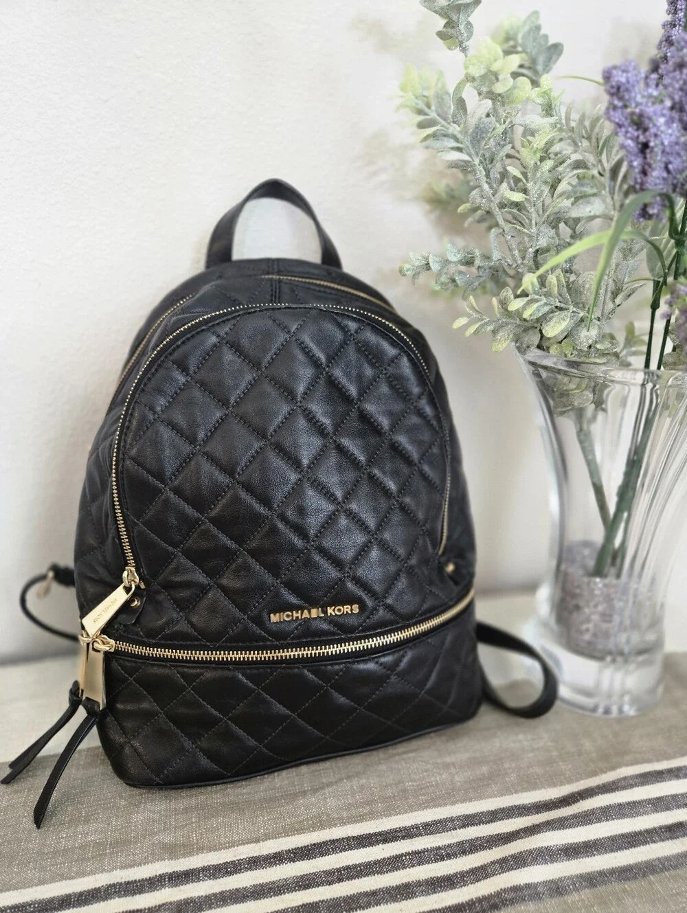 Michael Kors Black Quilted Leather Backpack with Gold Hardware
